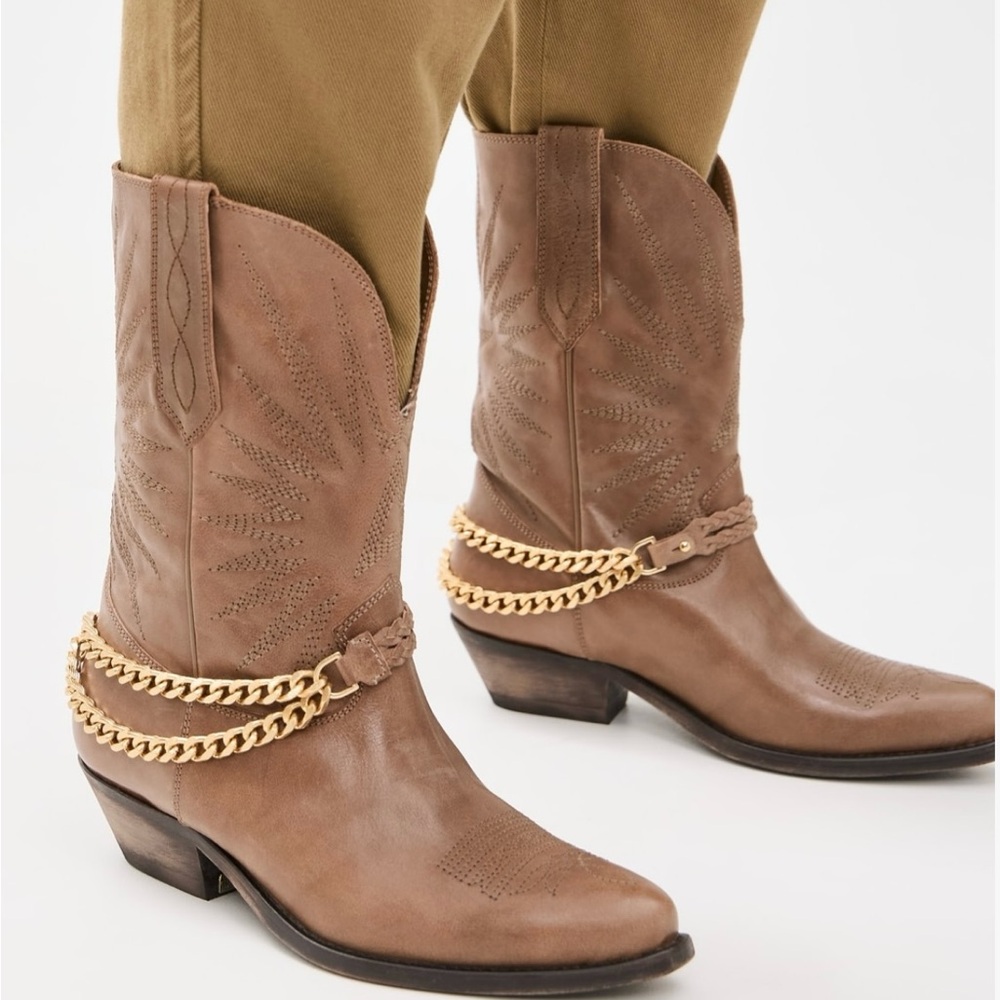 Brown Leather Cowboy Boots with Chain Detail - Picture 2 of 5